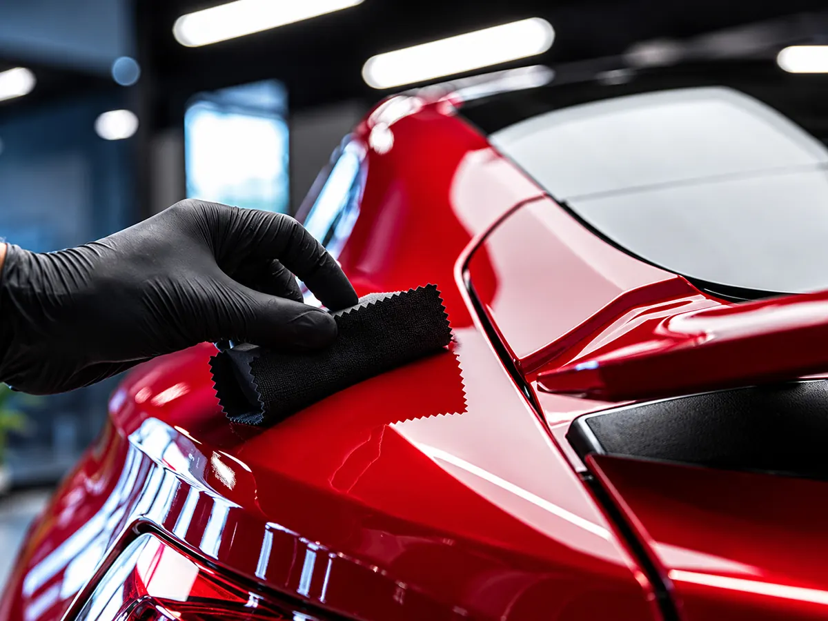 Coating being wiped onto a red car
