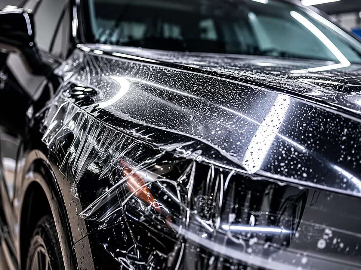 Paint protection film being fitted on a black car