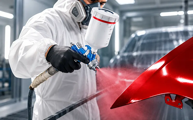 Painter spraying a car panel in a paint booth