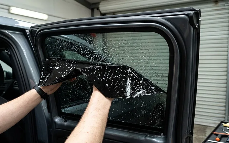 Window tint film being fitted to a car door window