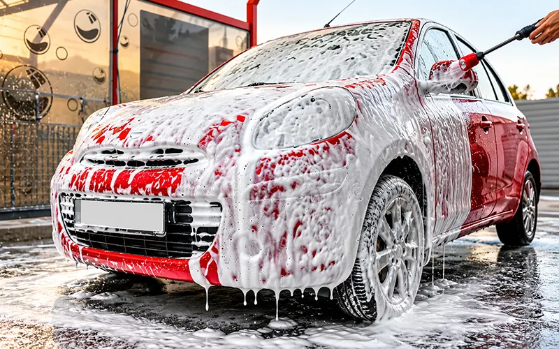 Car covered in foam during a wash